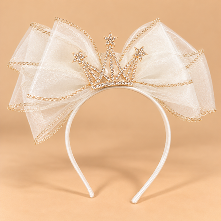Diadeem met Tule Strik en Kroontje – Wit – De HaarBoetiek