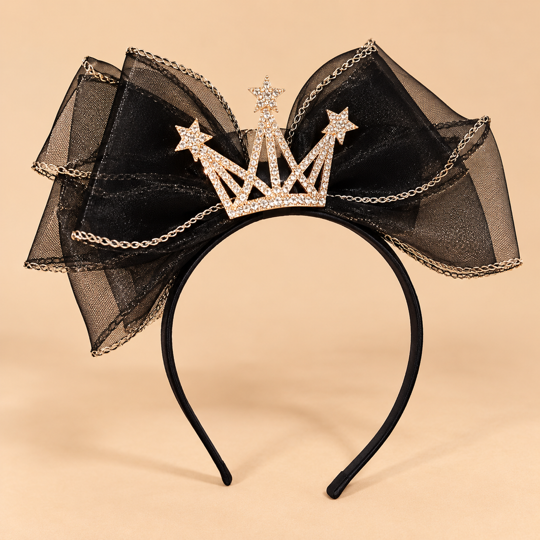 Diadeem met Tule Strik en Kroontje – Zwart – De HaarBoetiek