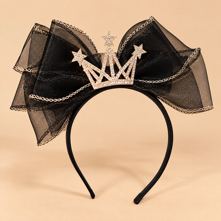 Diadeem met Tule Strik en Kroontje – Zwart – De HaarBoetiek