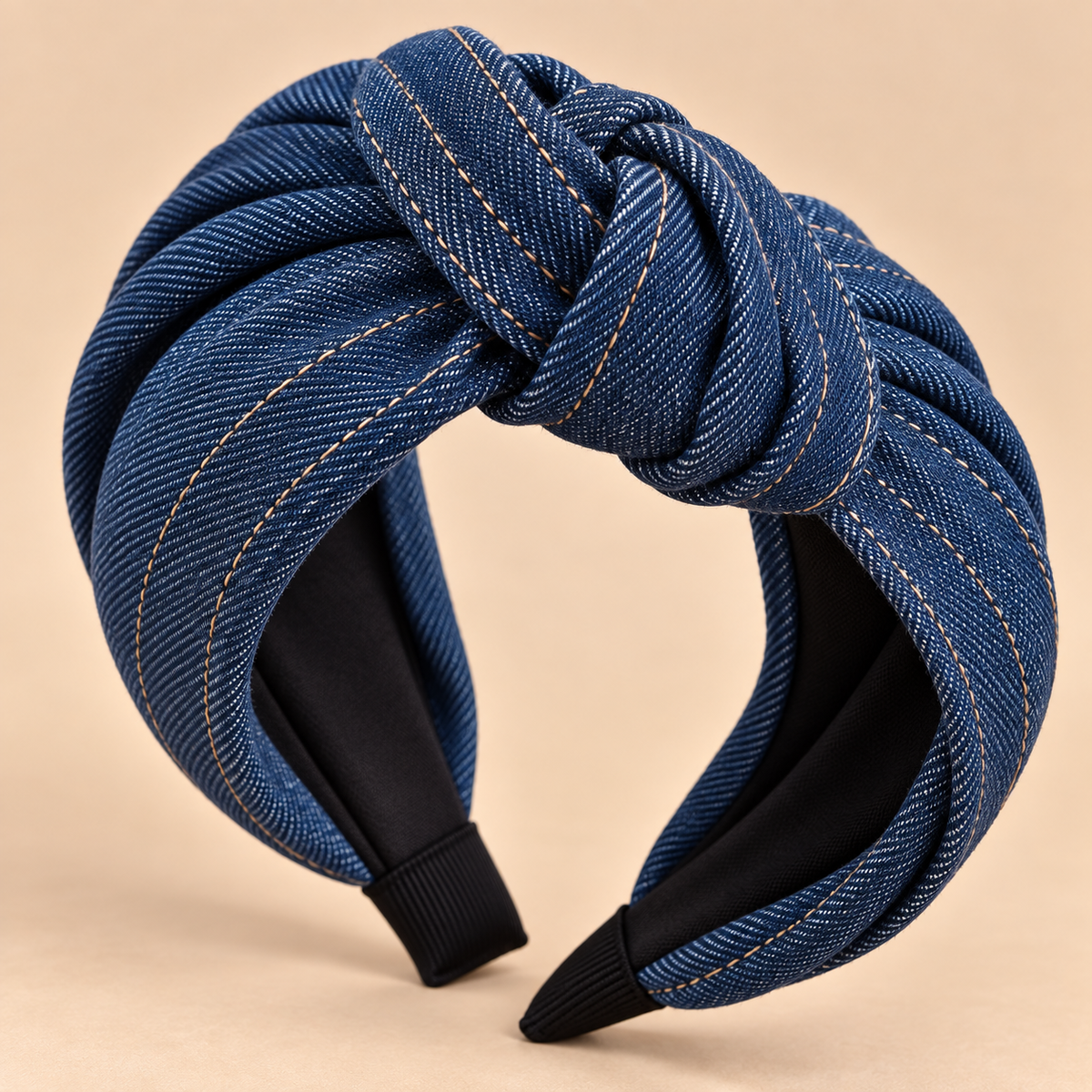 Donkerblauwe jeans haarband met knoop - denim haaraccessoire