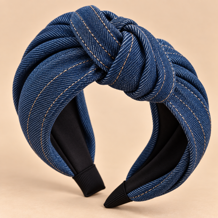 Donkerblauwe jeans haarband met knoop - denim haaraccessoire