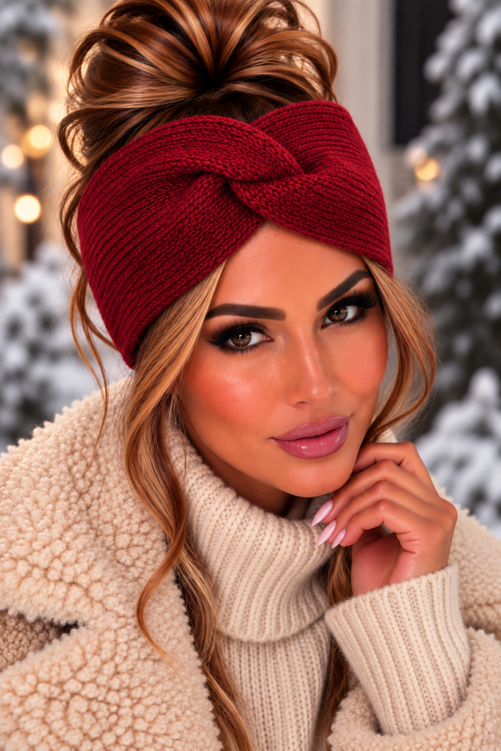 Rode dubbellaagse gebreide winter haarband met kruisknoop gedragen door model - De HaarBoetiek