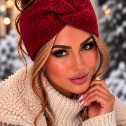 Rode dubbellaagse gebreide winter haarband met kruisknoop gedragen door model - De HaarBoetiek
