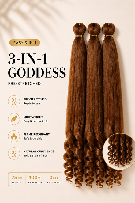 Easy 3-in-1 Goddess BT30/27 bruin vlechthaar met krullende uiteinden, 75 cm, 3-pack