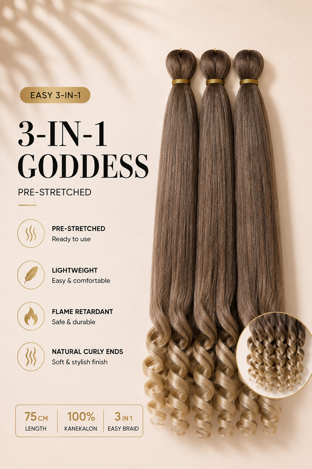 Easy 3-in-1 Goddess BT4/613 bruin naar blond ombre vlechthaar met natuurlijke krullende uiteinden, 75 cm, 3-pack