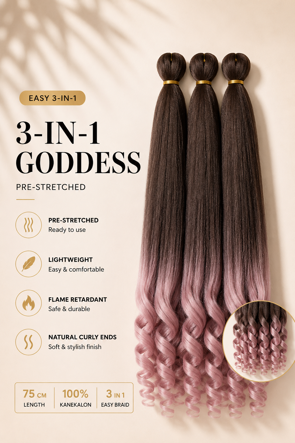 Easy 3-in-1 Goddess BT4 Soft Pink bruin naar zachtroze ombre vlechthaar met krullende uiteinden, 75 cm, 3-pack