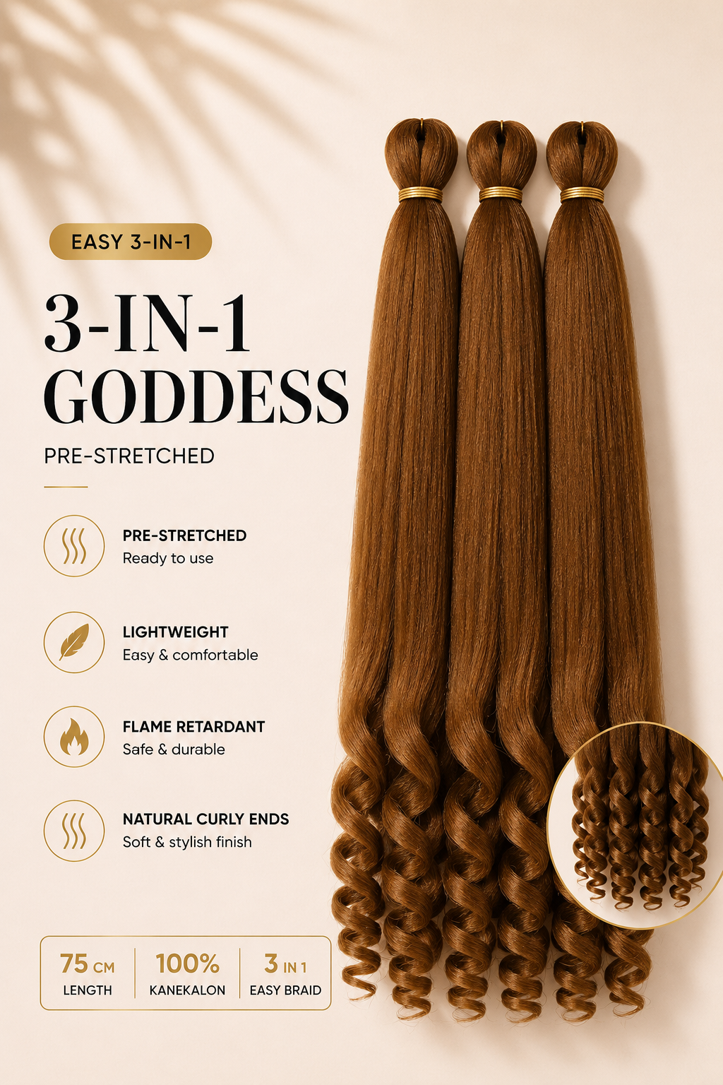 Easy 3-in-1 Goddess BT6/27 warm bruin vlechthaar met natuurlijke krullende uiteinden, 75 cm, 3-pack