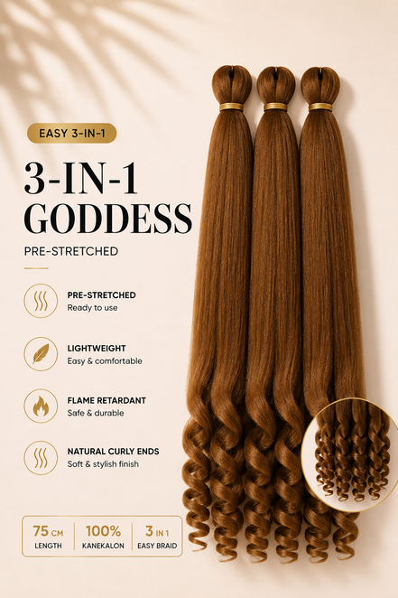 Easy 3-in-1 Goddess BT6/27 warm bruin vlechthaar met natuurlijke krullende uiteinden, 75 cm, 3-pack