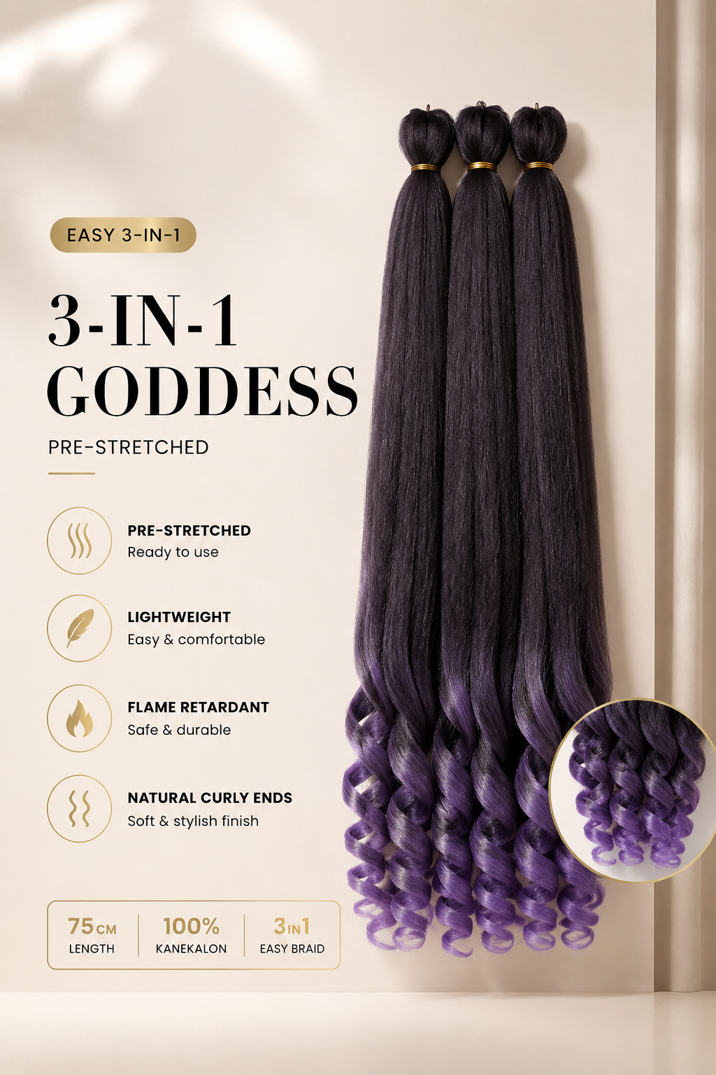 Easy 3-in-1 Goddess Candy paars ombre vlechthaar met krullende uiteinden, 75 cm, 3-pack