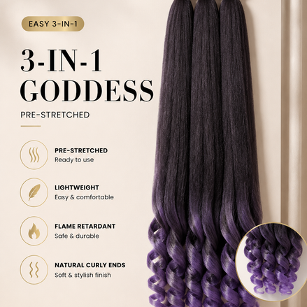 Easy 3-in-1 Goddess Candy paars ombre vlechthaar met krullende uiteinden, 75 cm, 3-pack