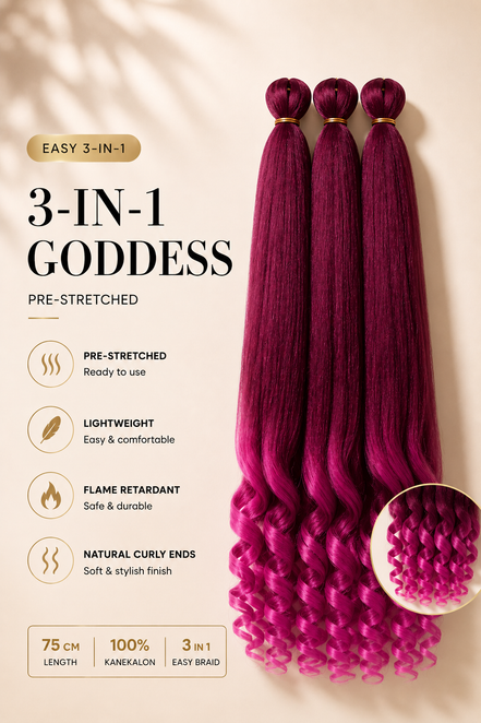 Easy 3-in-1 Goddess Electric Pink vlechthaar, 75 cm, 3-pack, pre-stretched met krullende uiteinden