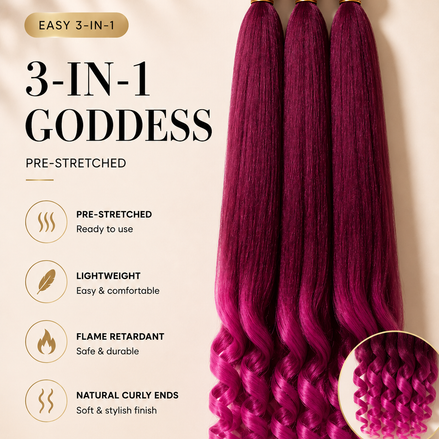 Easy 3-in-1 Goddess Electric Pink vlechthaar, 75 cm, 3-pack, pre-stretched met krullende uiteinden