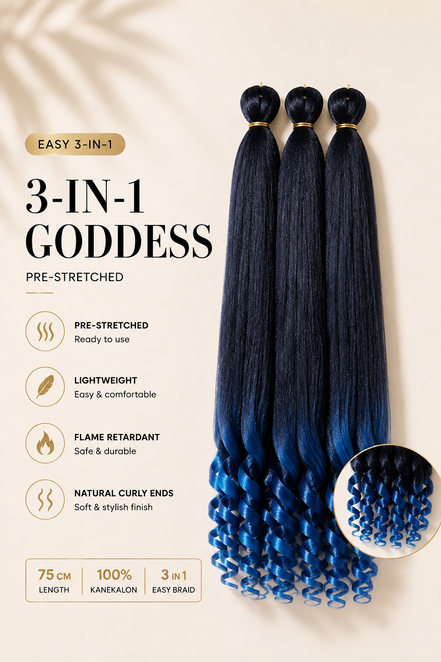 Easy 3-in-1 Goddess Fairy Blue donkerblauw naar helderblauw ombre vlechthaar met krullende uiteinden, 75 cm, 3-pack