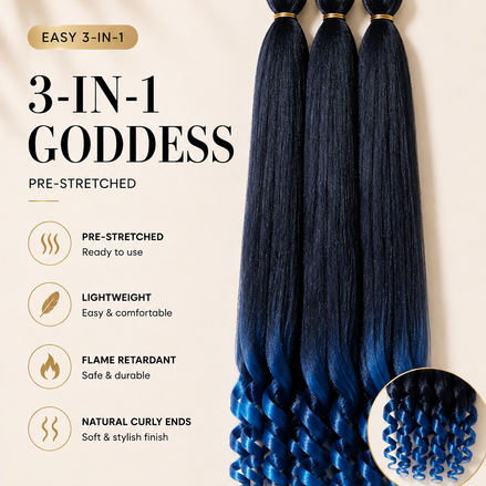 Easy 3-in-1 Goddess Fairy Blue donkerblauw naar helderblauw ombre vlechthaar met krullende uiteinden, 75 cm, 3-pack