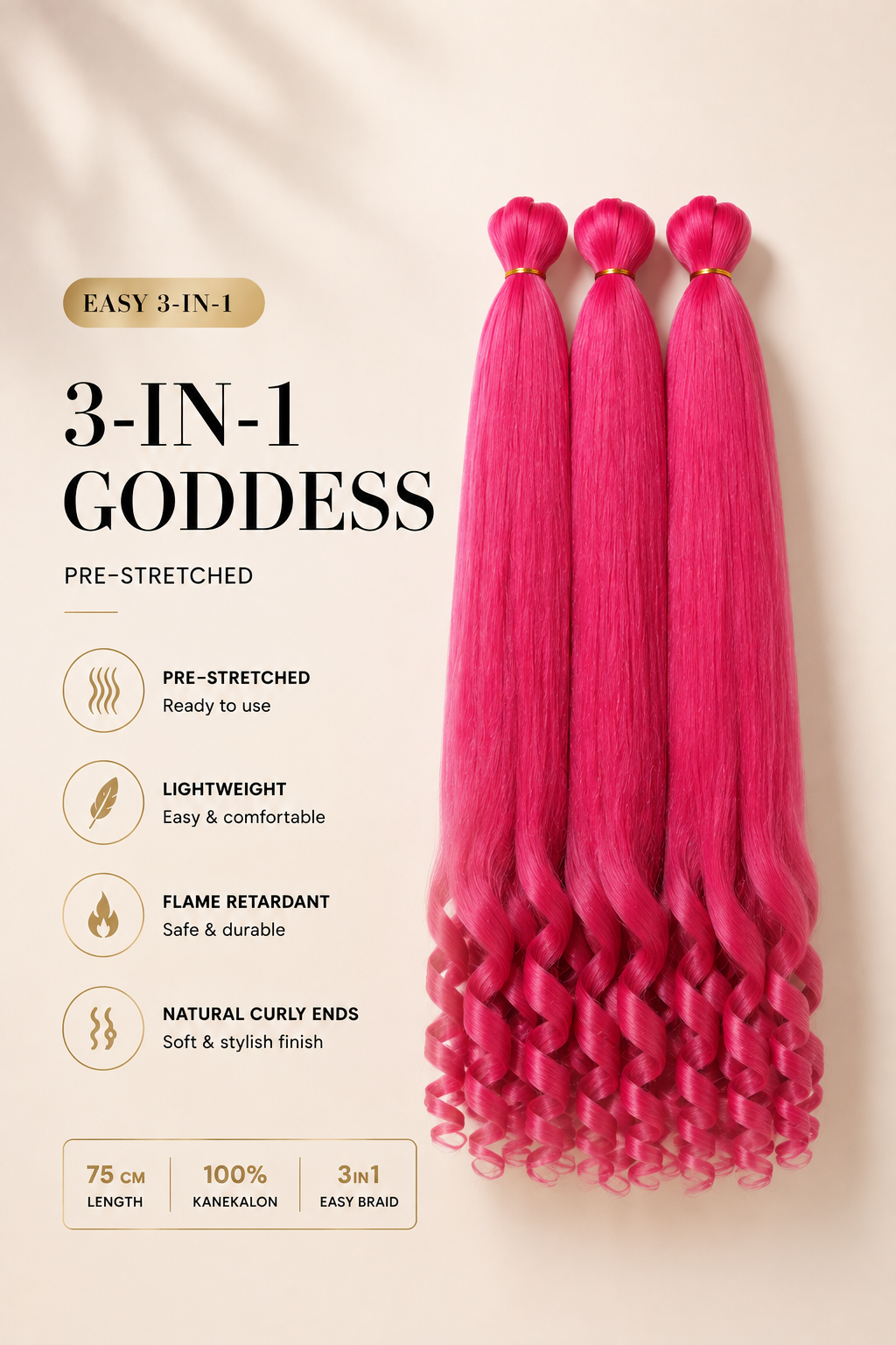 Roze Easy 3-in-1 Goddess pre-stretched vlechthaar met krullende uiteinden, 75 cm