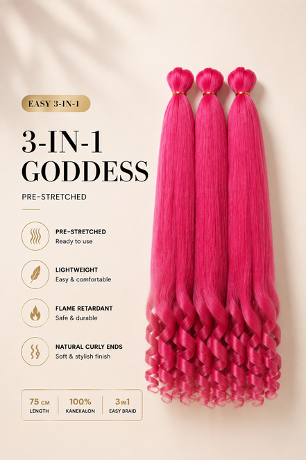 Roze Easy 3-in-1 Goddess pre-stretched vlechthaar met krullende uiteinden, 75 cm