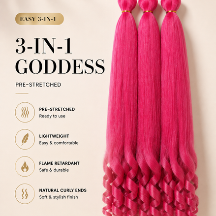 Roze Easy 3-in-1 Goddess pre-stretched vlechthaar met krullende uiteinden, 75 cm