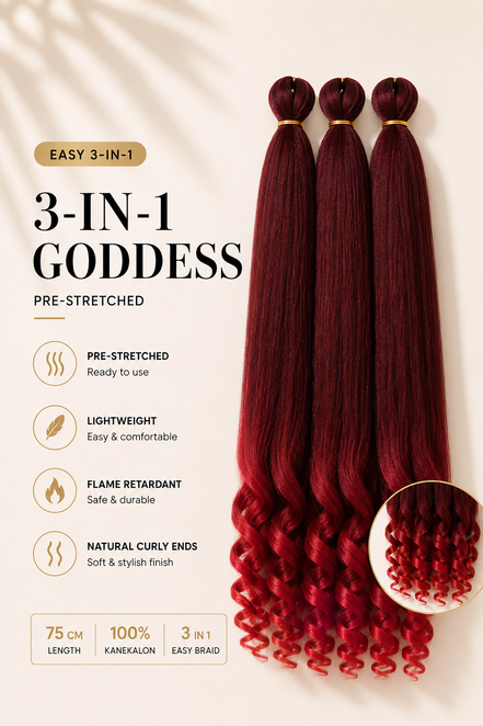Easy 3-in-1 Goddess Red Red rood ombre vlechthaar met krullende uiteinden, 75 cm, 3-pack