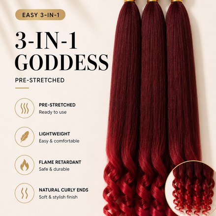 Easy 3-in-1 Goddess Red Red rood ombre vlechthaar met krullende uiteinden, 75 cm, 3-pack