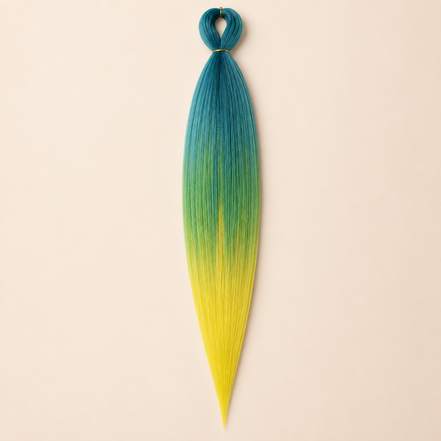 Easy Braid Kanekalon vlechthaar Turquoise Lime Geel, kleurcode 3-001, op lichtbeige achtergrond