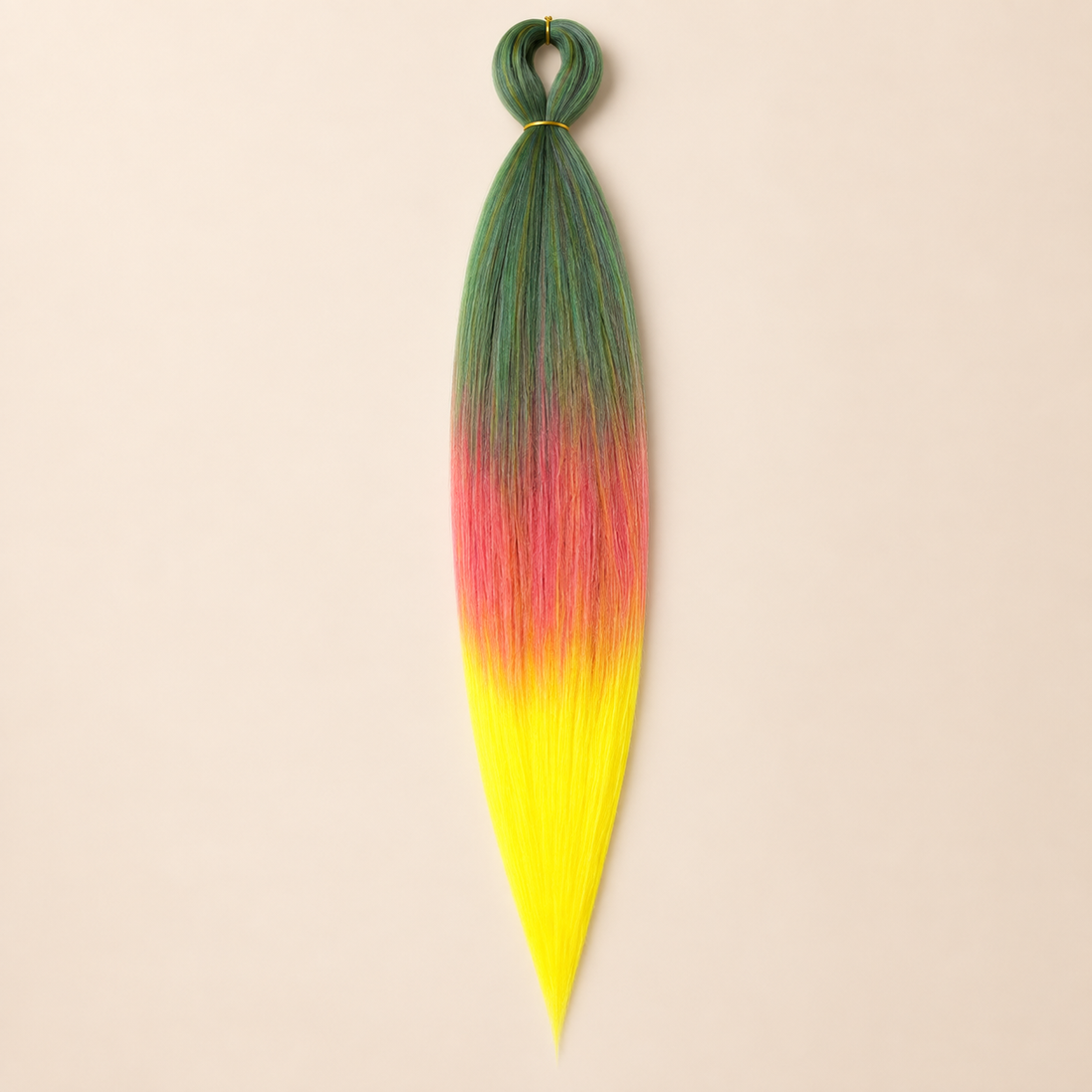 Easy Braid Kanekalon vlechthaar Groen Roze Geel, kleurcode 3-054, op lichtbeige achtergrond