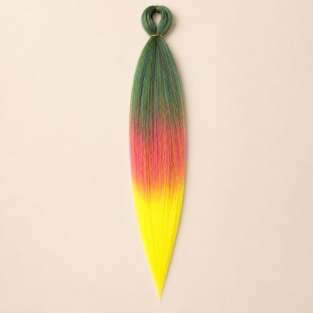 Easy Braid Kanekalon vlechthaar Groen Roze Geel, kleurcode 3-054, op lichtbeige achtergrond