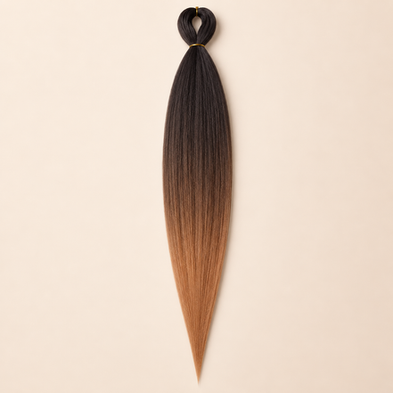 Easy Braid Kanekalon vlechthaar Zwart Koperbruin, kleurcode 3-058, op lichtbeige achtergrond