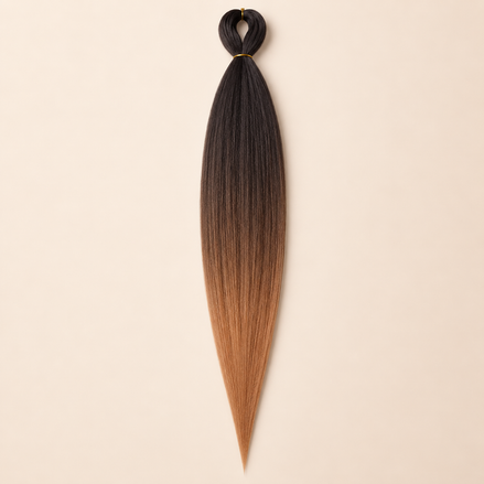 Easy Braid Kanekalon vlechthaar Zwart Koperbruin, kleurcode 3-058, op lichtbeige achtergrond