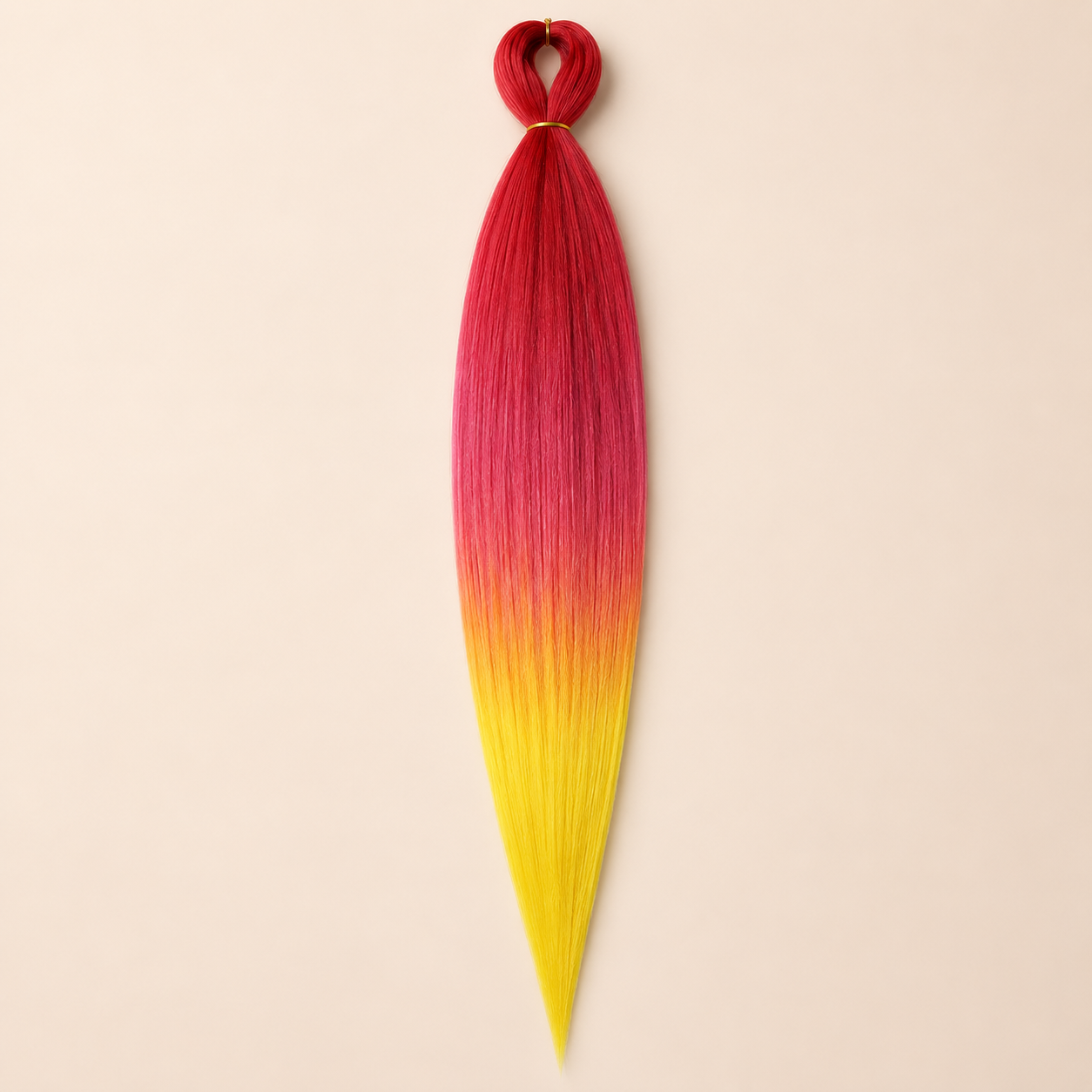 Easy Braid Kanekalon vlechthaar Rood Hot Plum Geel, kleurcode 3-11, op lichtbeige achtergrond