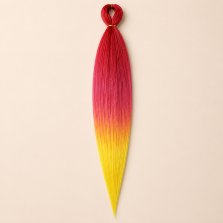 Easy Braid Kanekalon vlechthaar Rood Hot Plum Geel, kleurcode 3-11, op lichtbeige achtergrond