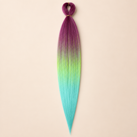 Easy Braid Kanekalon vlechthaar Hot Plum Geel Mint, kleurcode 3-111, op lichtbeige achtergrond