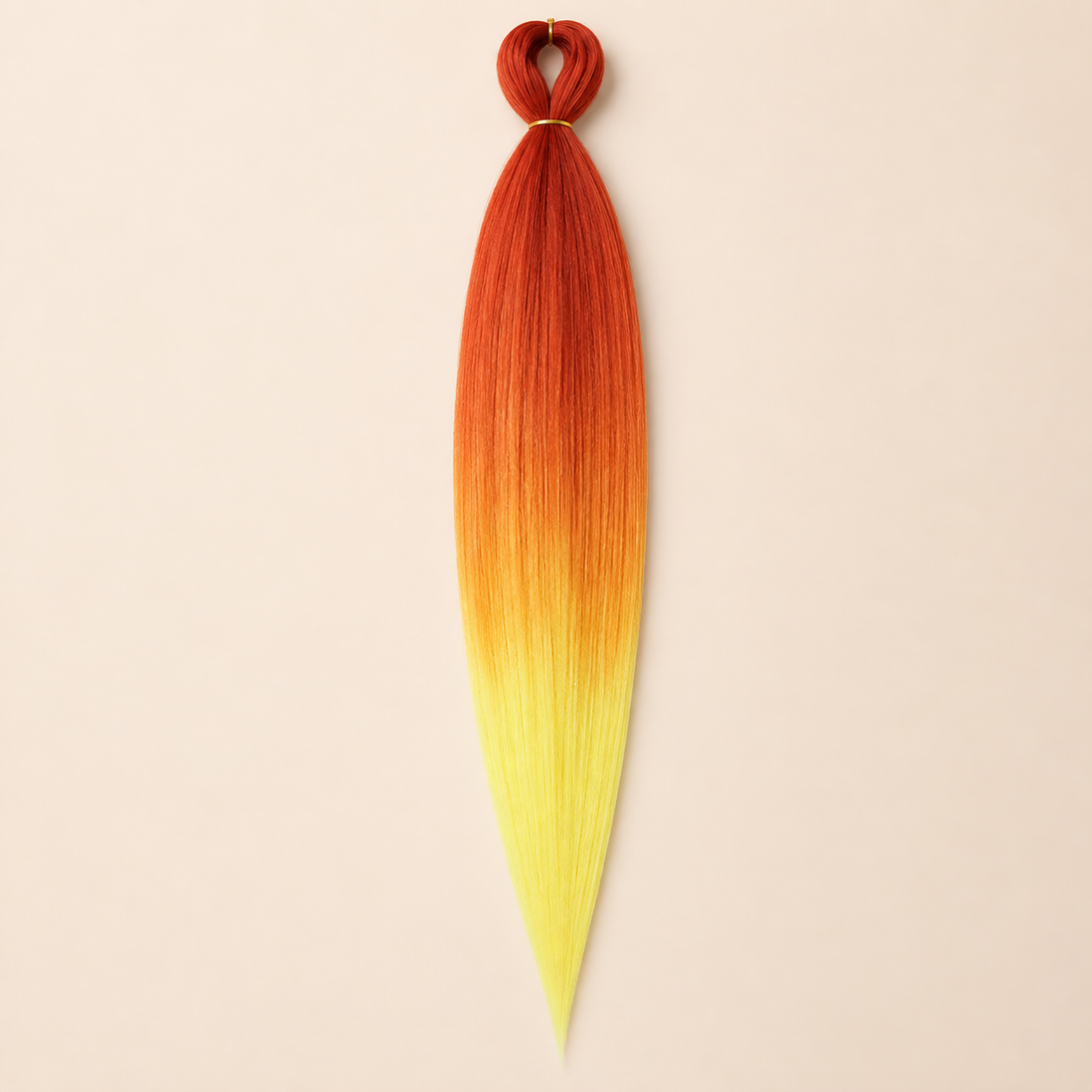 Easy Braid Kanekalon vlechthaar Rood Oranje Geel, kleurcode 3-117, op lichtbeige achtergrond