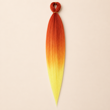 Easy Braid Kanekalon vlechthaar Rood Oranje Geel, kleurcode 3-117, op lichtbeige achtergrond