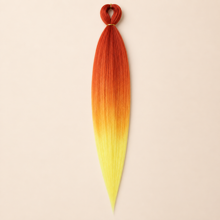 Easy Braid Kanekalon vlechthaar Rood Oranje Geel, kleurcode 3-117, op lichtbeige achtergrond