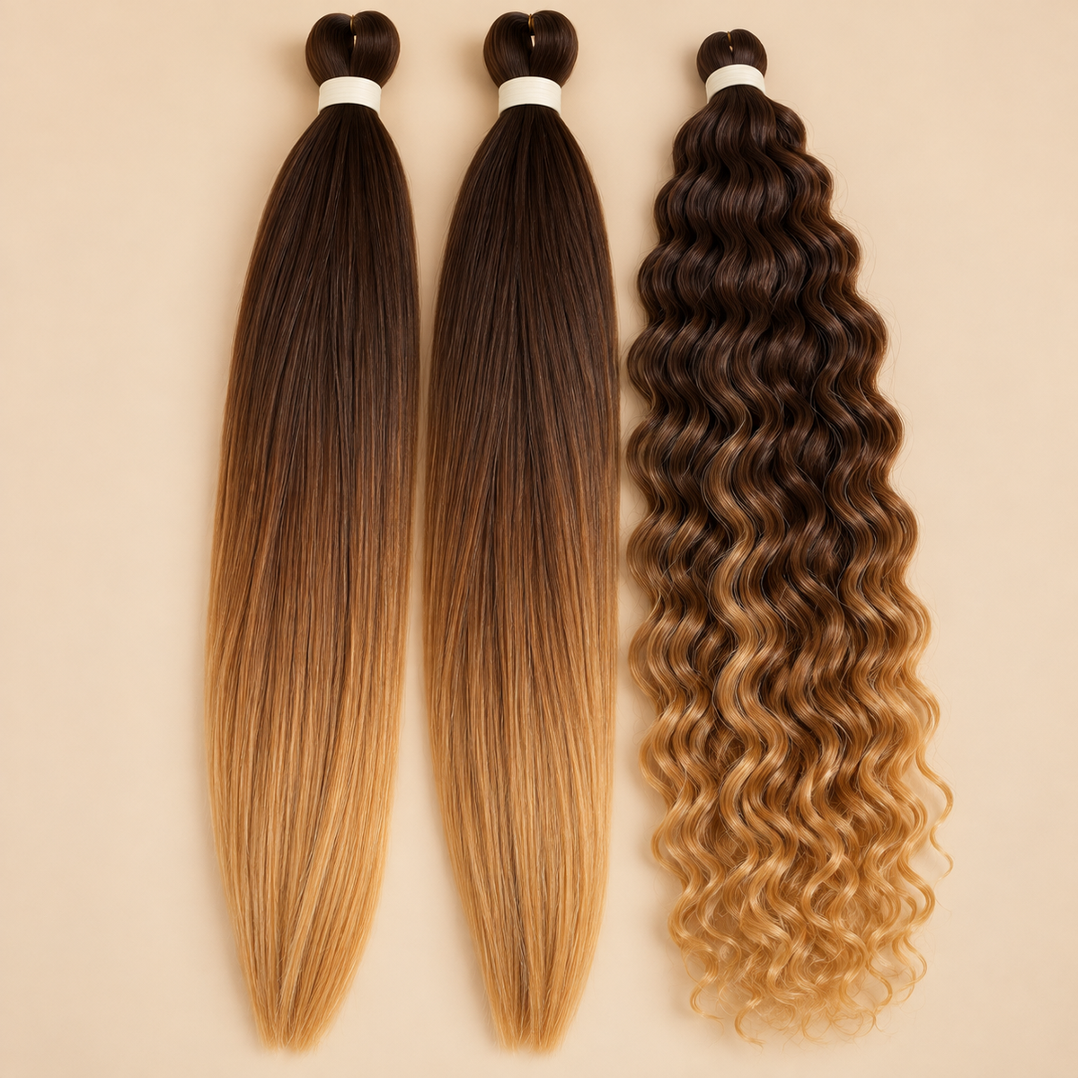 Boho braids bundel bruin blond met twee gladde Easy Braid pakken en één golvend Anna pak op beige achtergrond