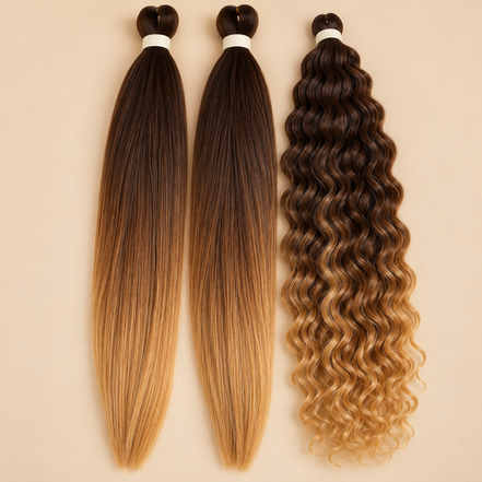 Boho braids bundel bruin blond met twee gladde Easy Braid pakken en één golvend Anna pak op beige achtergrond
