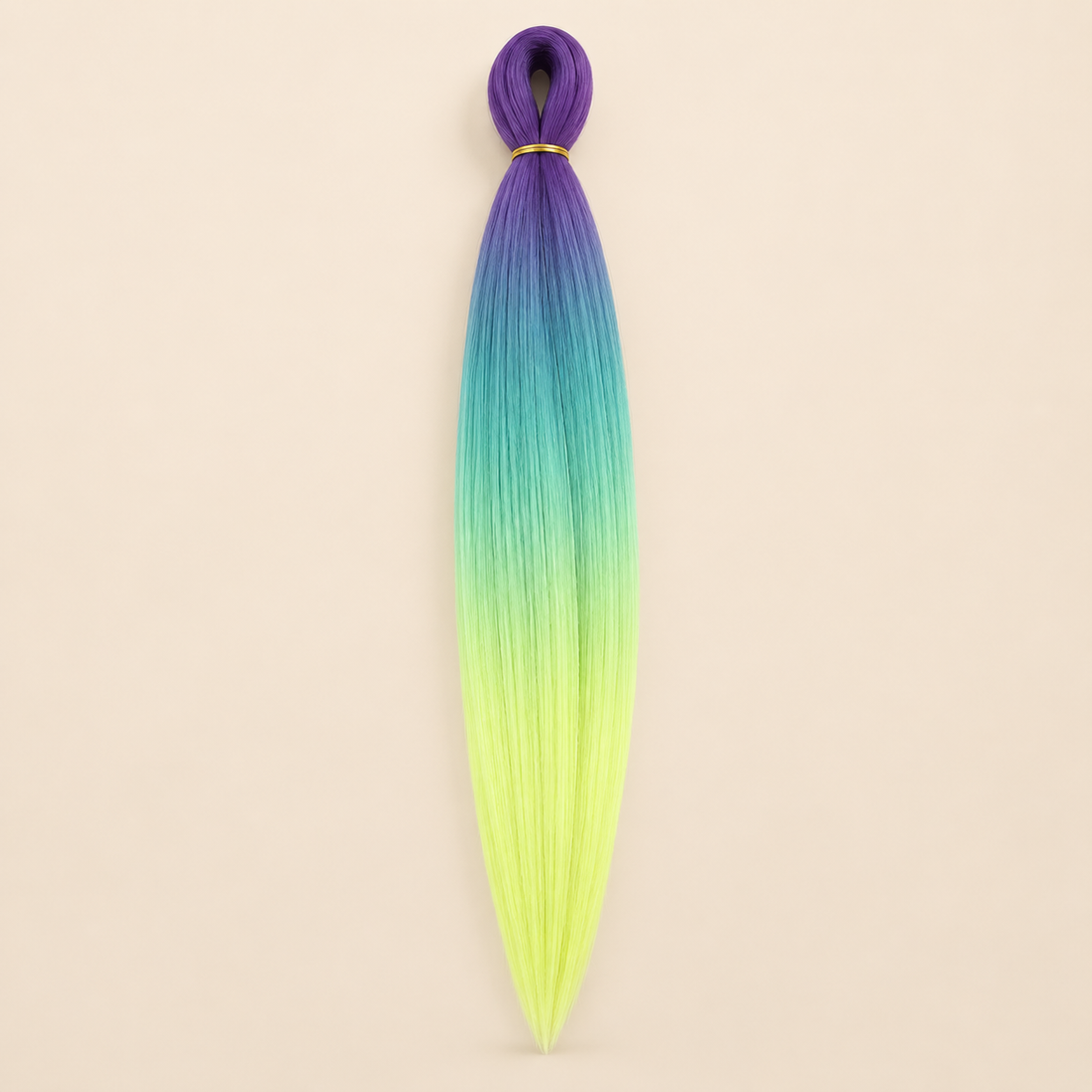 Easy Braid kanekalon vlechthaar D3-7 in paars / blauw / turquoise / neon lime ombre op lichtbeige achtergrond