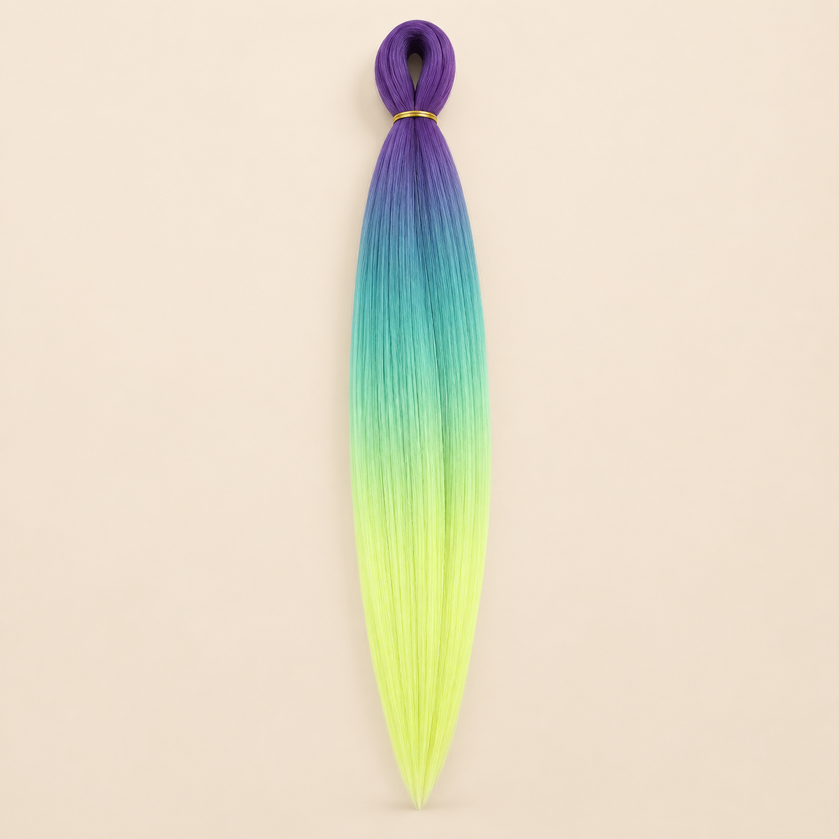 Easy Braid kanekalon vlechthaar D3-7 in paars / blauw / turquoise / neon lime ombre op lichtbeige achtergrond