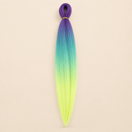 Easy Braid kanekalon vlechthaar D3-7 in paars / blauw / turquoise / neon lime ombre op lichtbeige achtergrond