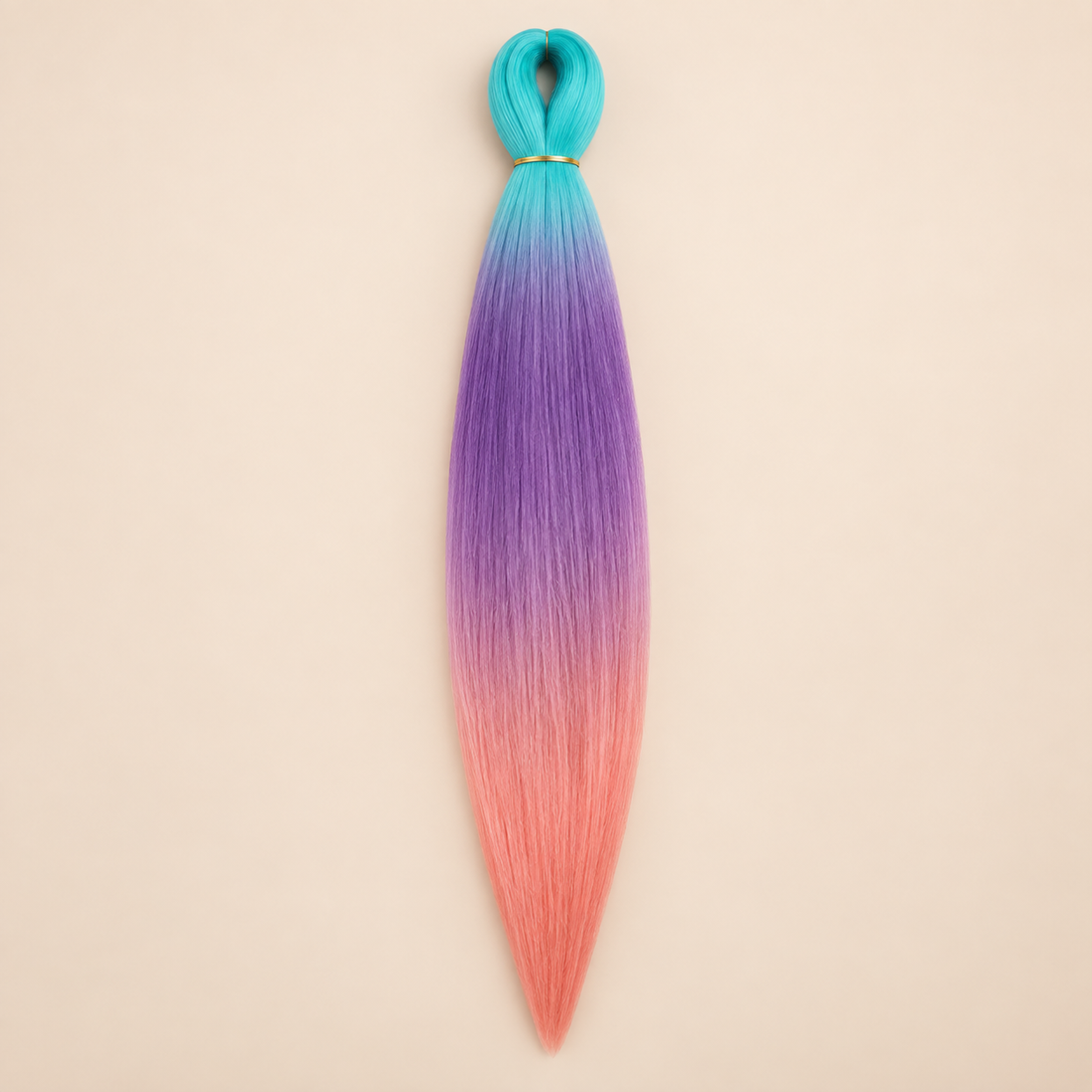 Easy Braid kanekalon vlechthaar D3-8 in turquoise / paars / koraal ombre op lichtbeige achtergrond
