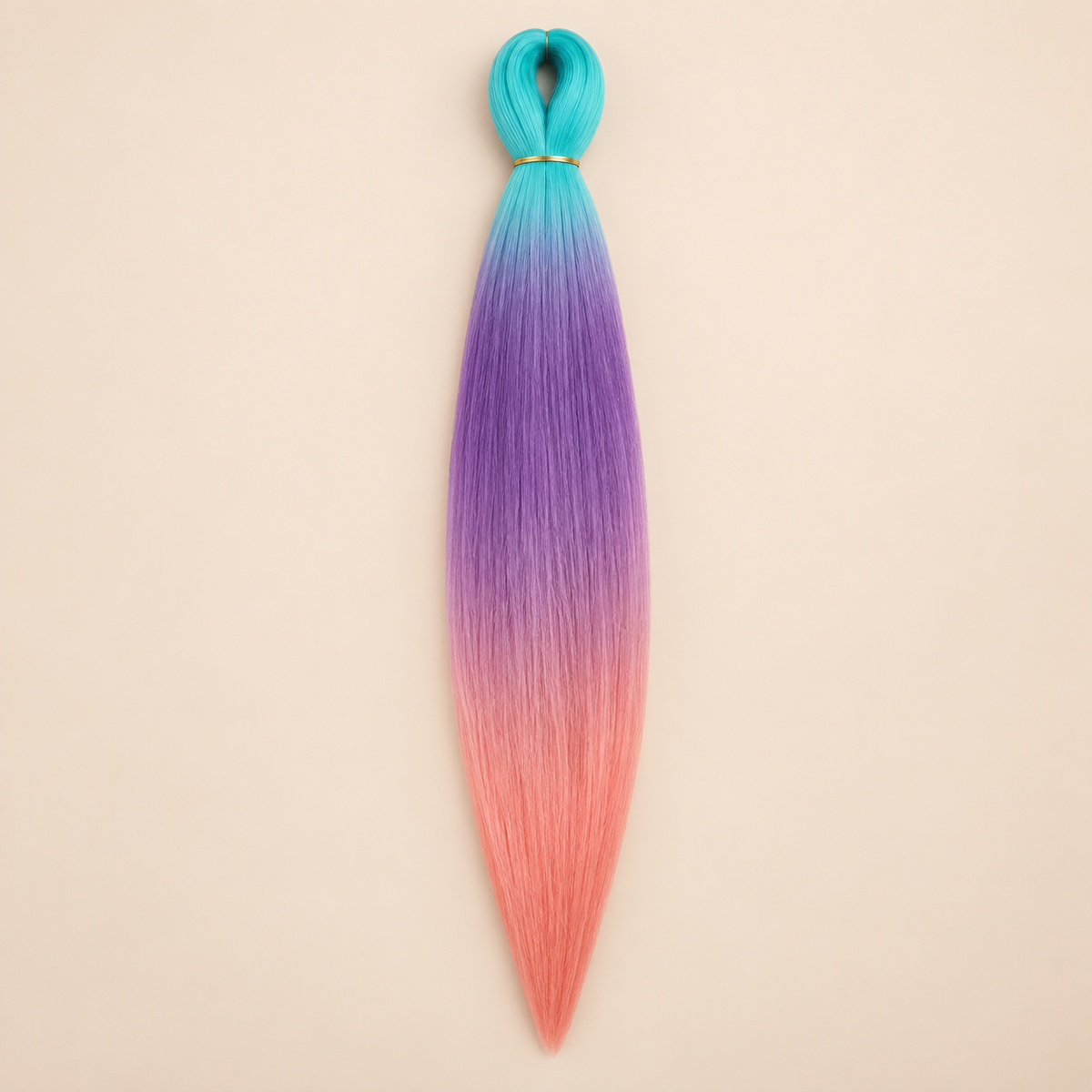 Easy Braid kanekalon vlechthaar D3-8 in turquoise / paars / koraal ombre op lichtbeige achtergrond