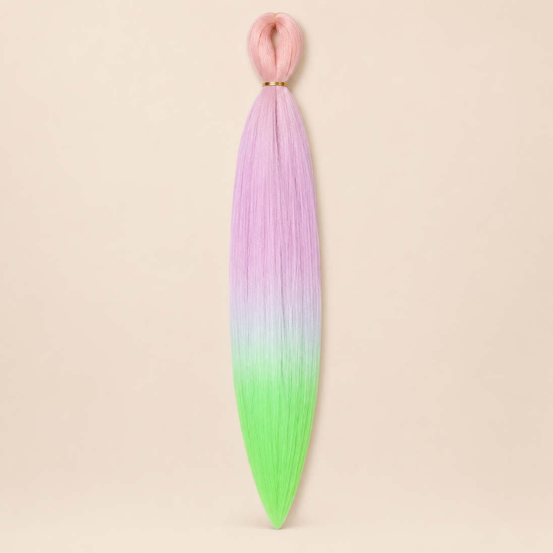 Easy Braid kanekalon vlechthaar D4-1 in pastelroze / lila / neon groen ombre op lichtbeige achtergrond