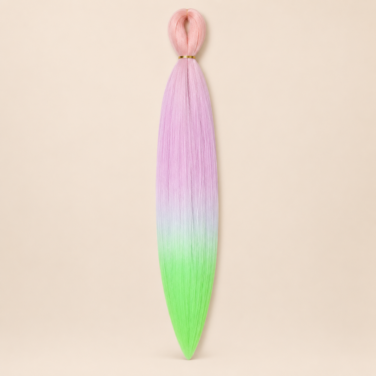 Easy Braid kanekalon vlechthaar D4-1 in pastelroze / lila / neon groen ombre op lichtbeige achtergrond