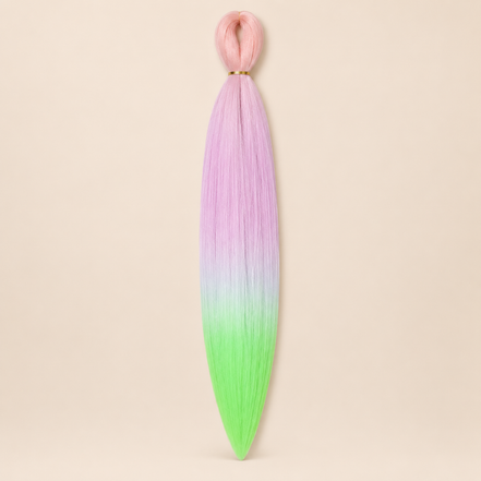 Easy Braid kanekalon vlechthaar D4-1 in pastelroze / lila / neon groen ombre op lichtbeige achtergrond
