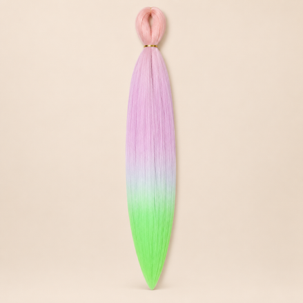 Easy Braid kanekalon vlechthaar D4-1 in pastelroze / lila / neon groen ombre op lichtbeige achtergrond
