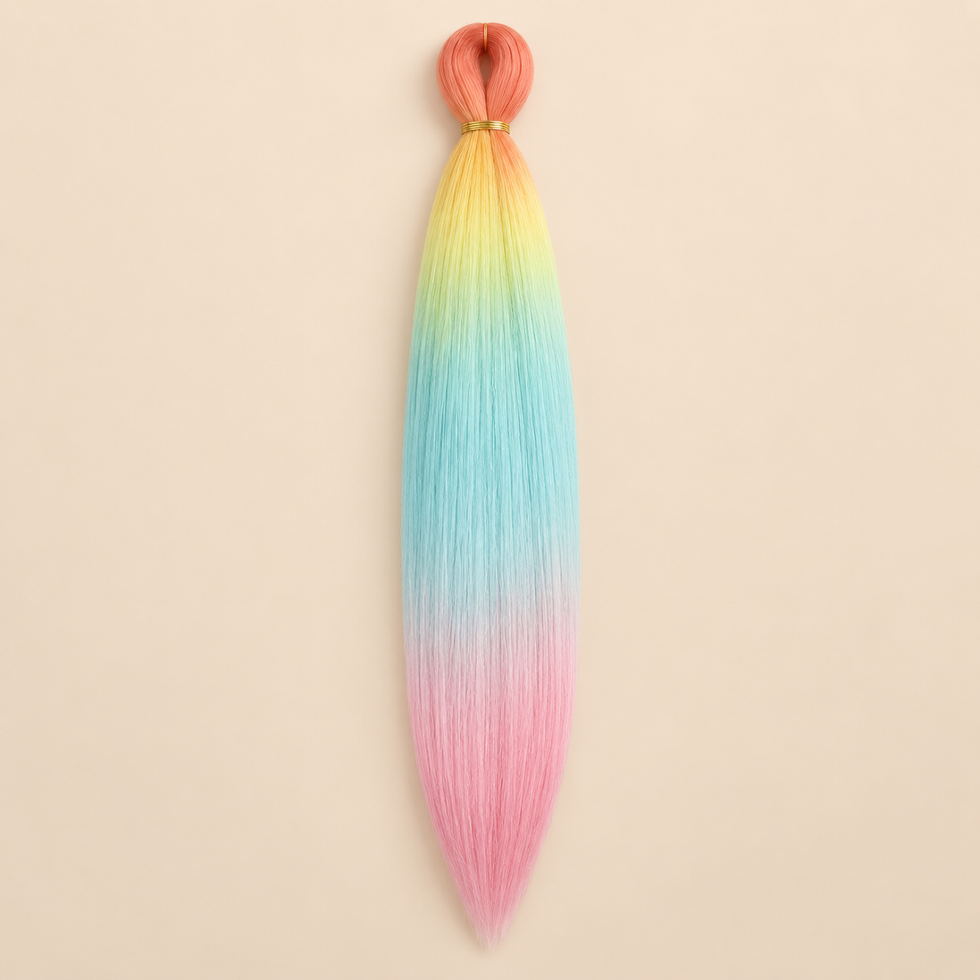 Easy Braid kanekalon vlechthaar D4-2 in koraal / geel / lichtblauw / roze ombre op lichtbeige achtergrond