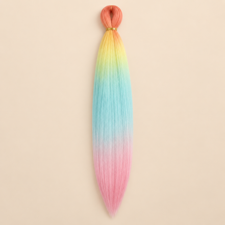 Easy Braid kanekalon vlechthaar D4-2 in koraal / geel / lichtblauw / roze ombre op lichtbeige achtergrond