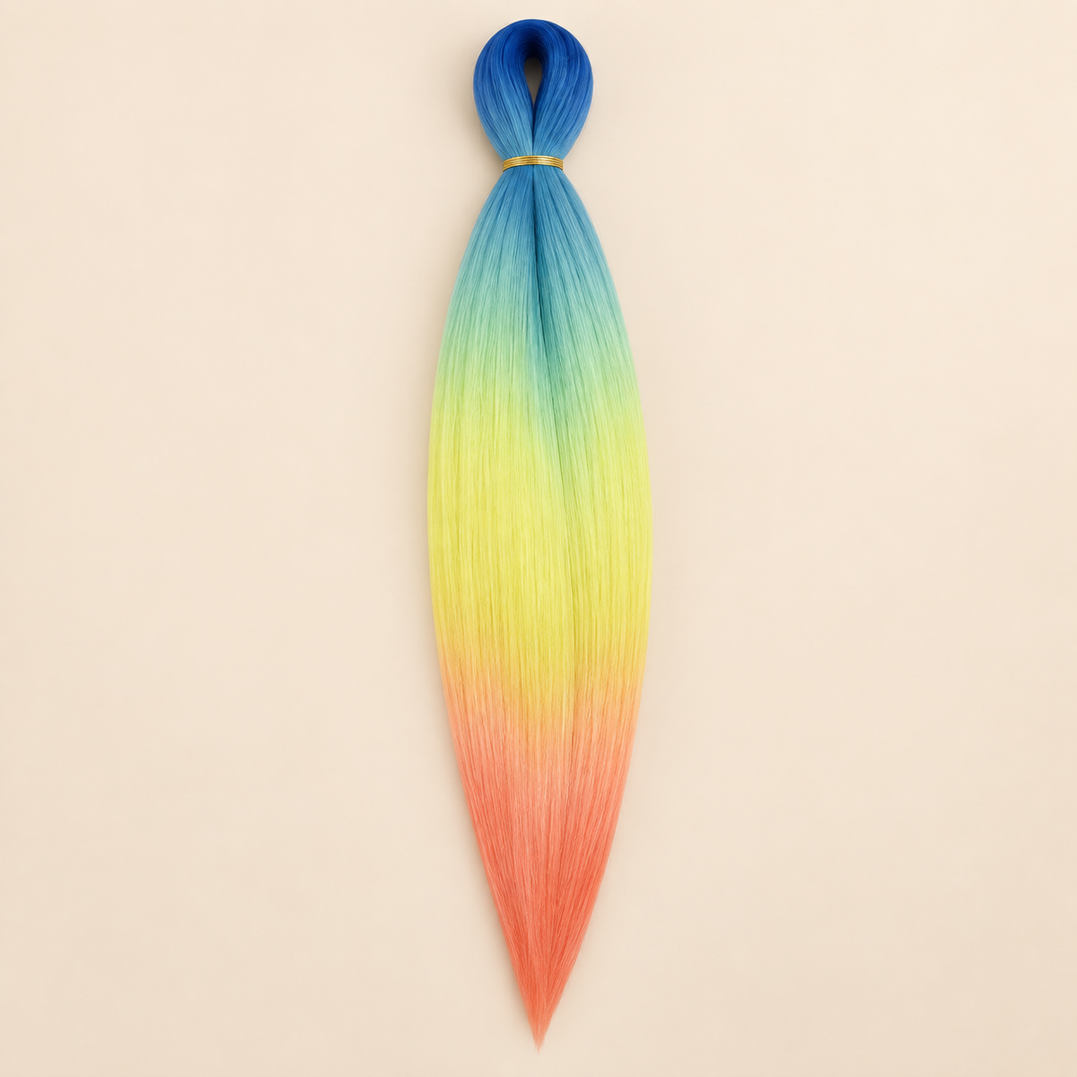 Easy Braid kanekalon vlechthaar D4-5 in blauw / aqua / geel / koraal ombre op lichtbeige achtergrond