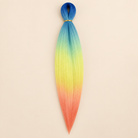 Easy Braid kanekalon vlechthaar D4-5 in blauw / aqua / geel / koraal ombre op lichtbeige achtergrond