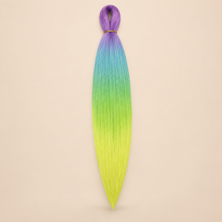 Easy Braid kanekalon vlechthaar D4-6 in paars / aqua / groen / neon geel ombre op lichtbeige achtergrond